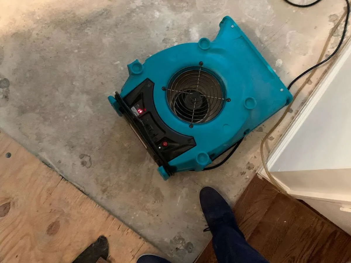 Air mover drying subfloor during Commercial Water Damage Restoration in Pauls Valley